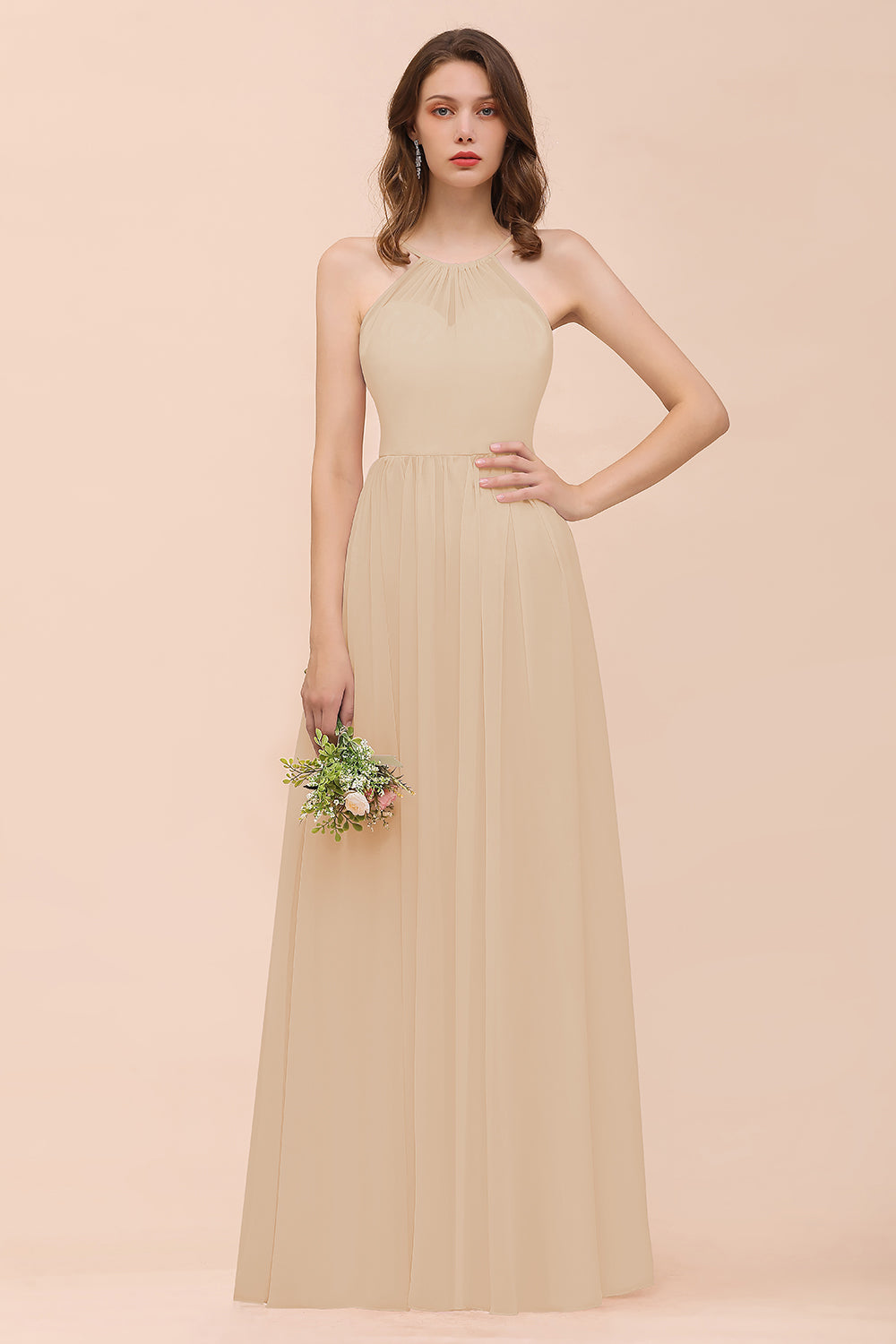 Gorgeous Chiffon Halter Ruffle Affordable Long Bridesmaid Dresses