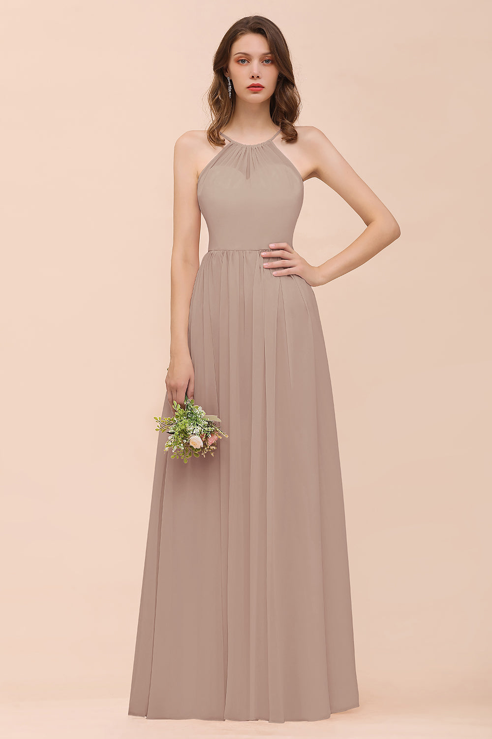 Gorgeous Chiffon Halter Ruffle Affordable Long Bridesmaid Dresses