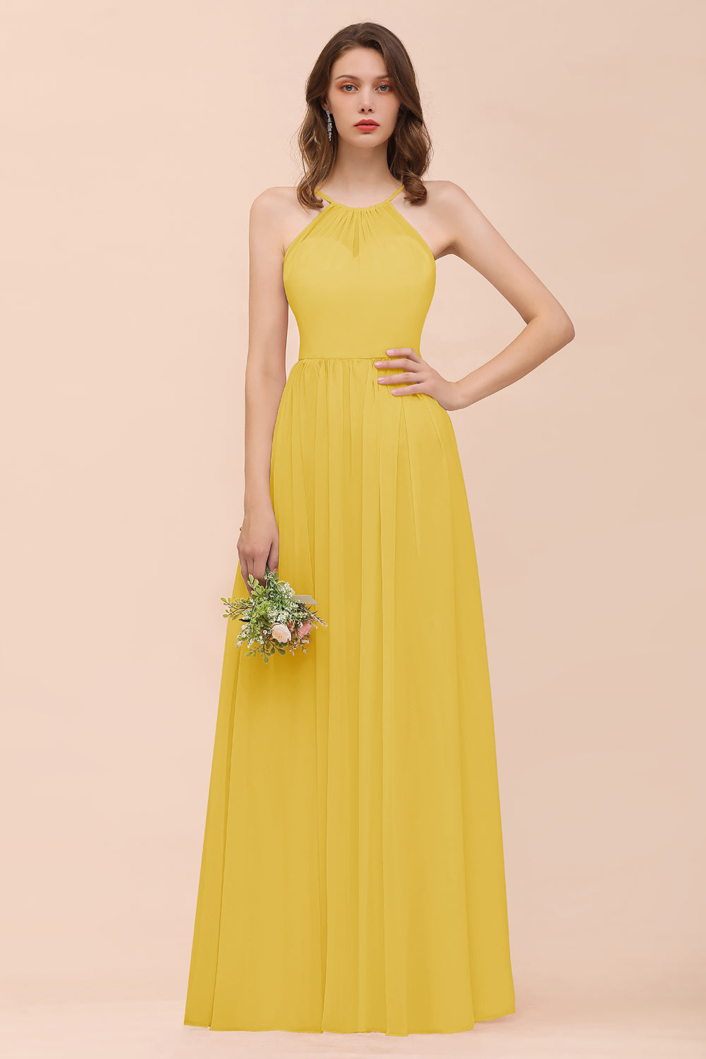 Gorgeous Chiffon Halter Ruffle Affordable Long Bridesmaid Dresses