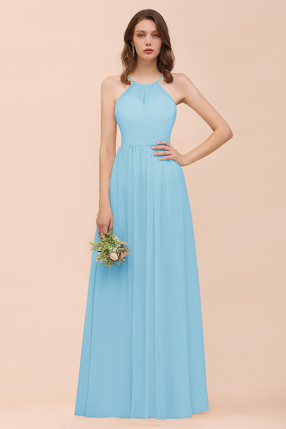 Gorgeous Chiffon Halter Ruffle Affordable Long Bridesmaid Dresses