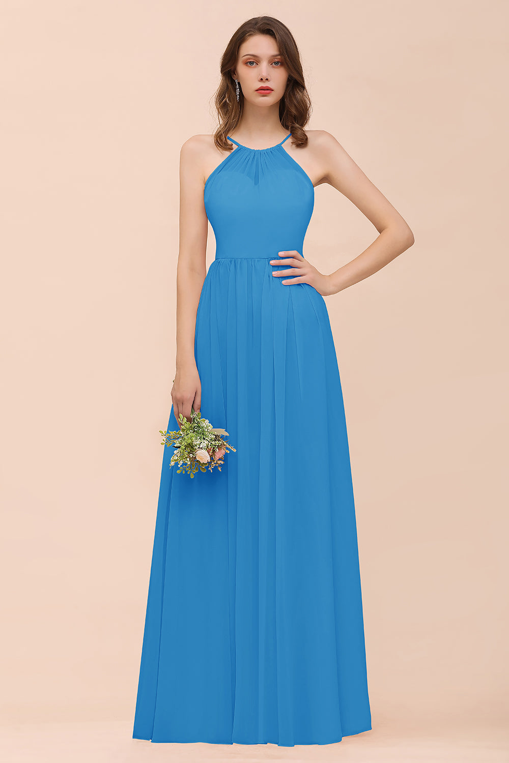 Gorgeous Chiffon Halter Ruffle Affordable Long Bridesmaid Dresses