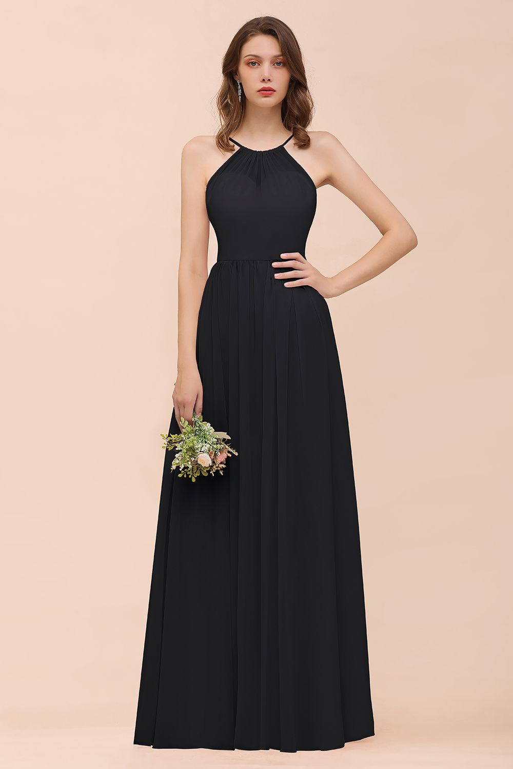 Gorgeous Chiffon Halter Ruffle Affordable Long Bridesmaid Dresses