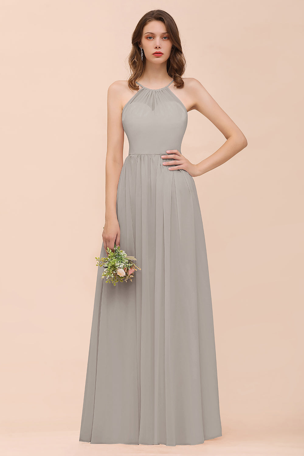 Gorgeous Chiffon Halter Ruffle Affordable Long Bridesmaid Dresses