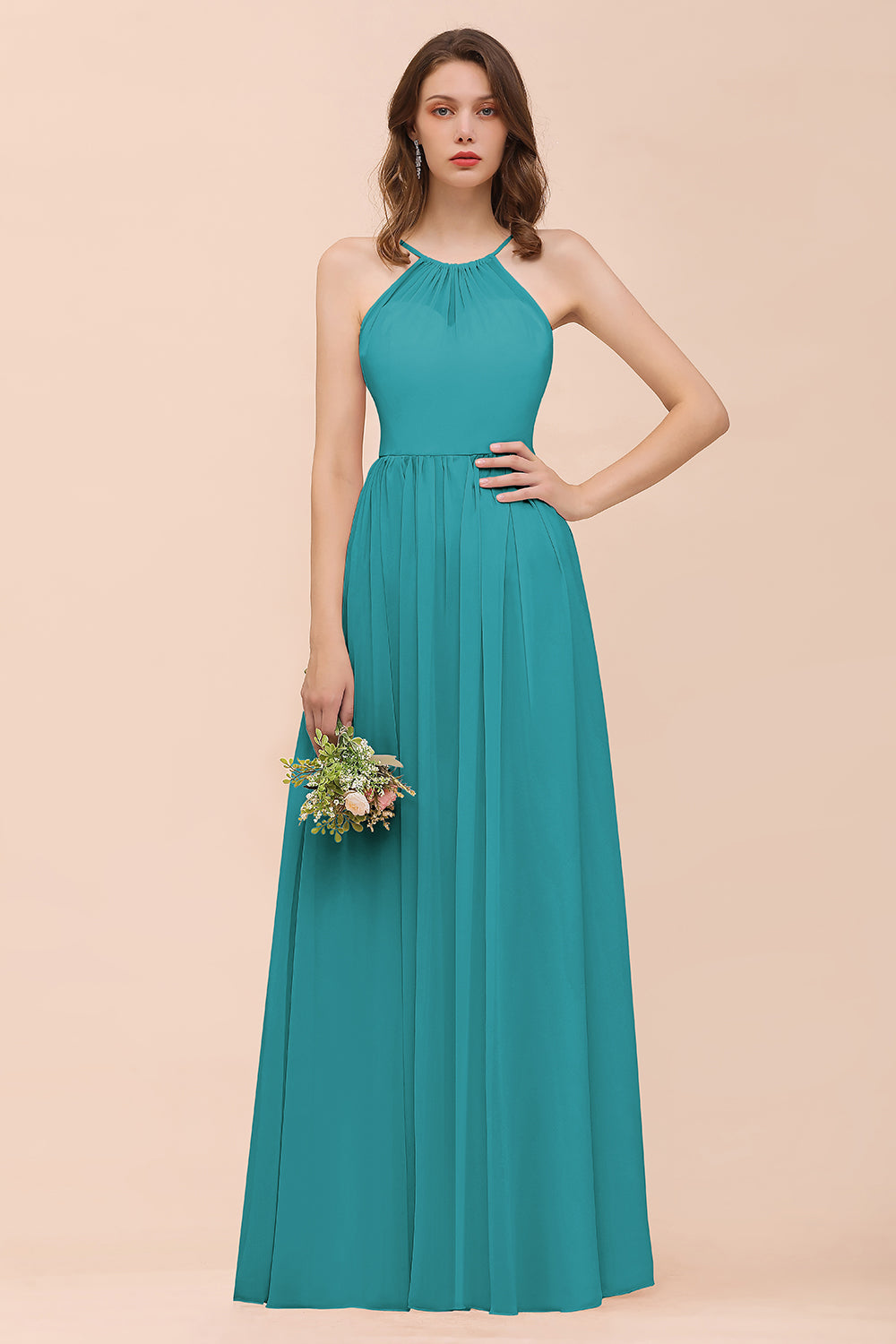 Gorgeous Chiffon Halter Ruffle Affordable Long Bridesmaid Dresses