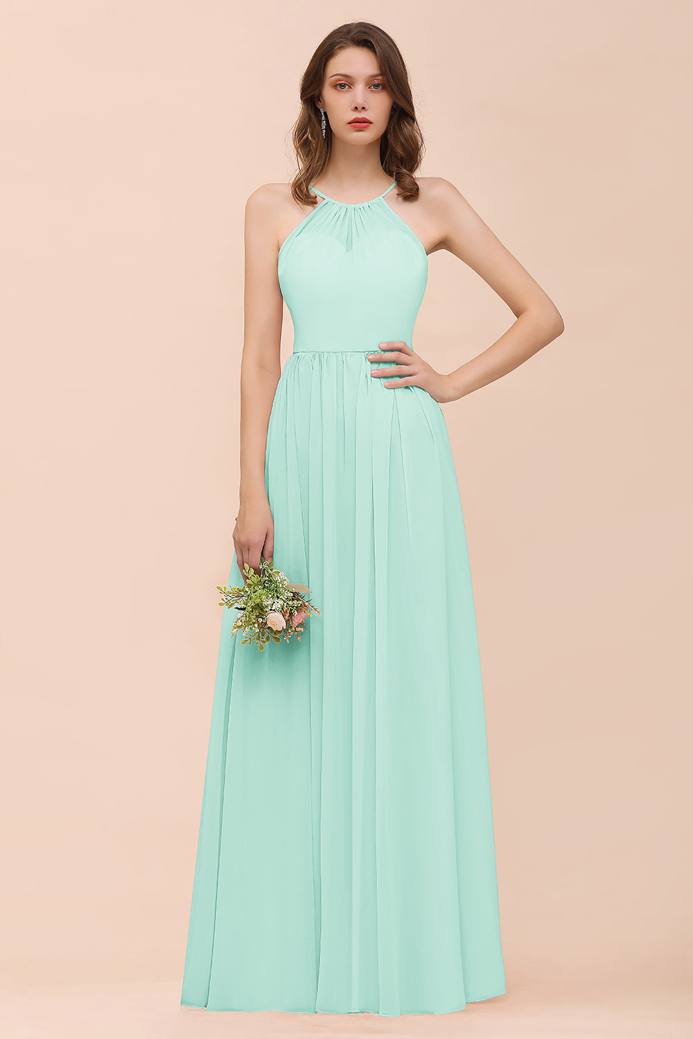 Gorgeous Chiffon Halter Ruffle Affordable Long Bridesmaid Dresses