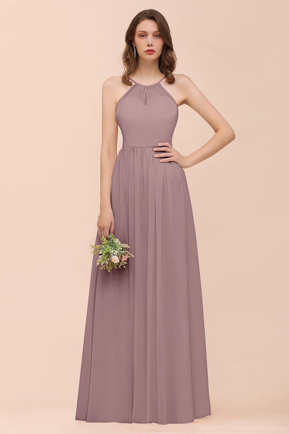 Gorgeous Chiffon Halter Ruffle Affordable Long Bridesmaid Dresses