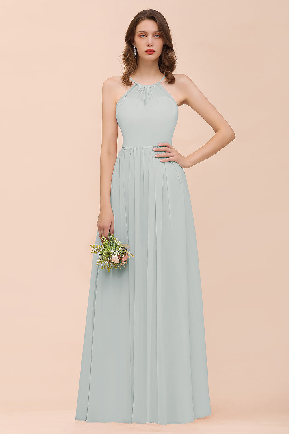 Gorgeous Chiffon Halter Ruffle Affordable Long Bridesmaid Dresses