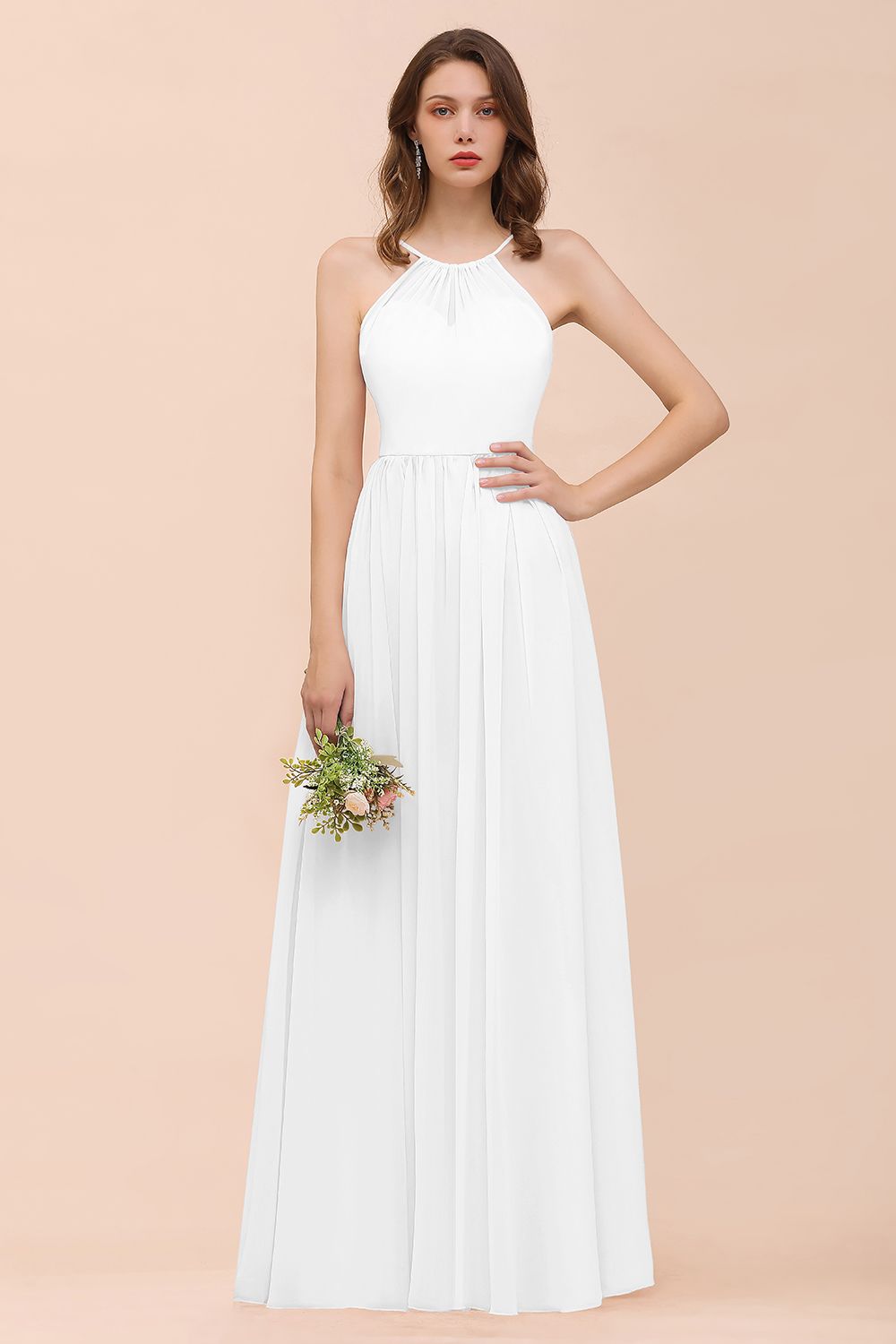 Gorgeous Chiffon Halter Ruffle Affordable Long Bridesmaid Dresses