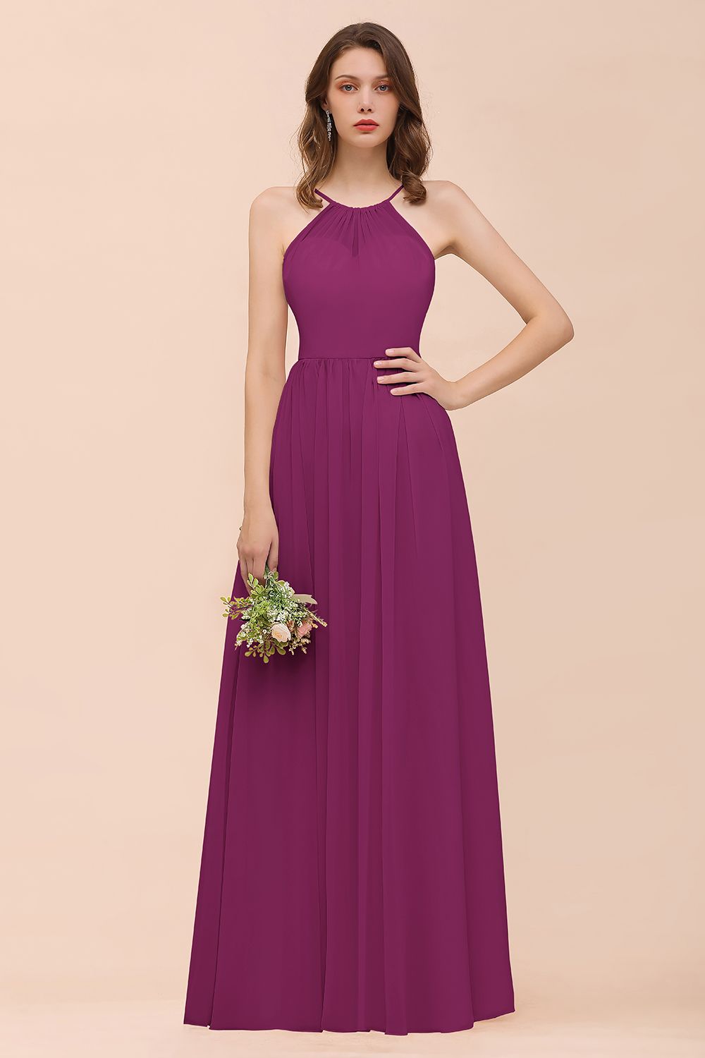 Gorgeous Chiffon Halter Ruffle Affordable Long Bridesmaid Dresses