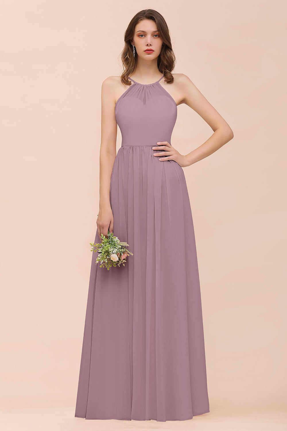 Gorgeous Chiffon Halter Ruffle Affordable Long Bridesmaid Dresses