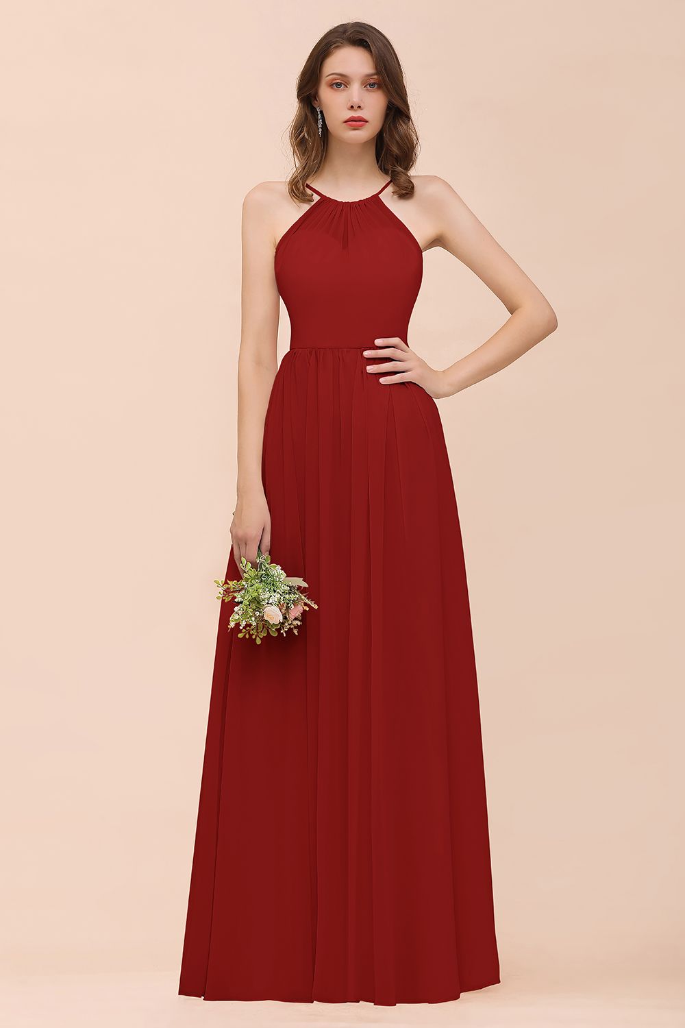 Gorgeous Chiffon Halter Ruffle Affordable Long Bridesmaid Dresses