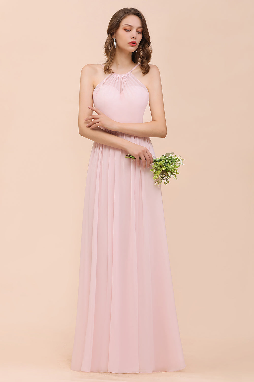 Gorgeous Chiffon Halter Ruffle Affordable Long Bridesmaid Dresses