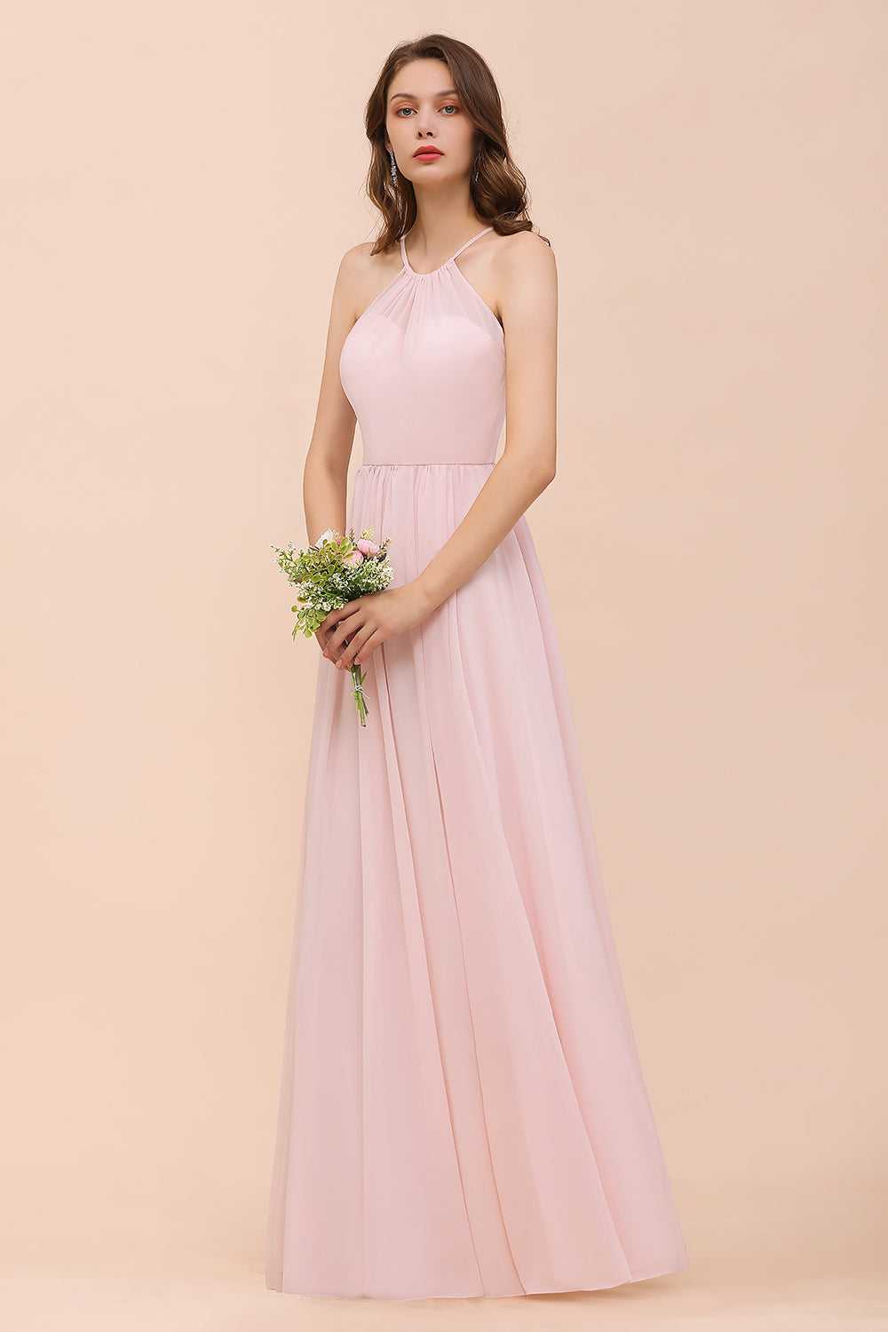 Gorgeous Chiffon Halter Ruffle Affordable Long Bridesmaid Dresses