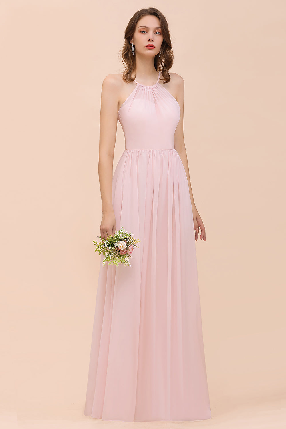 Gorgeous Chiffon Halter Ruffle Affordable Long Bridesmaid Dresses