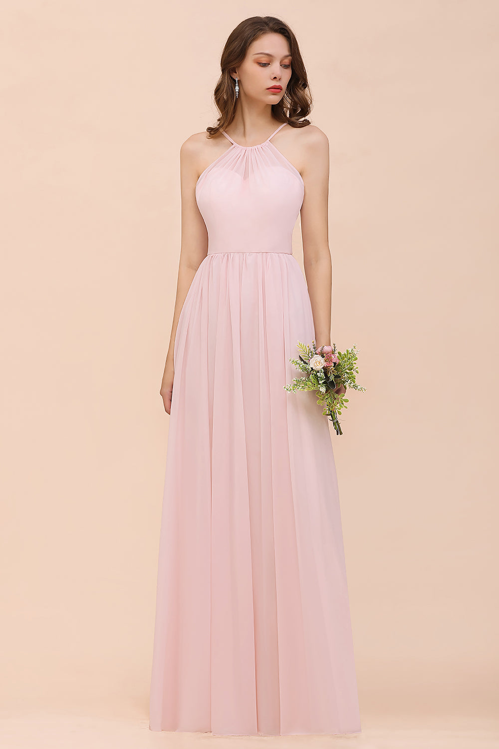 Gorgeous Chiffon Halter Ruffle Affordable Long Bridesmaid Dresses