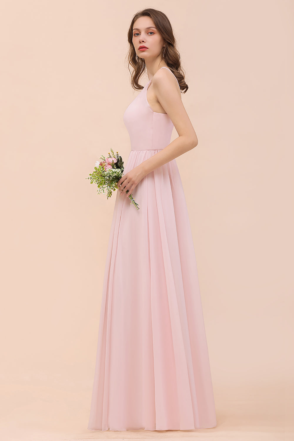 Gorgeous Chiffon Halter Ruffle Affordable Long Bridesmaid Dresses