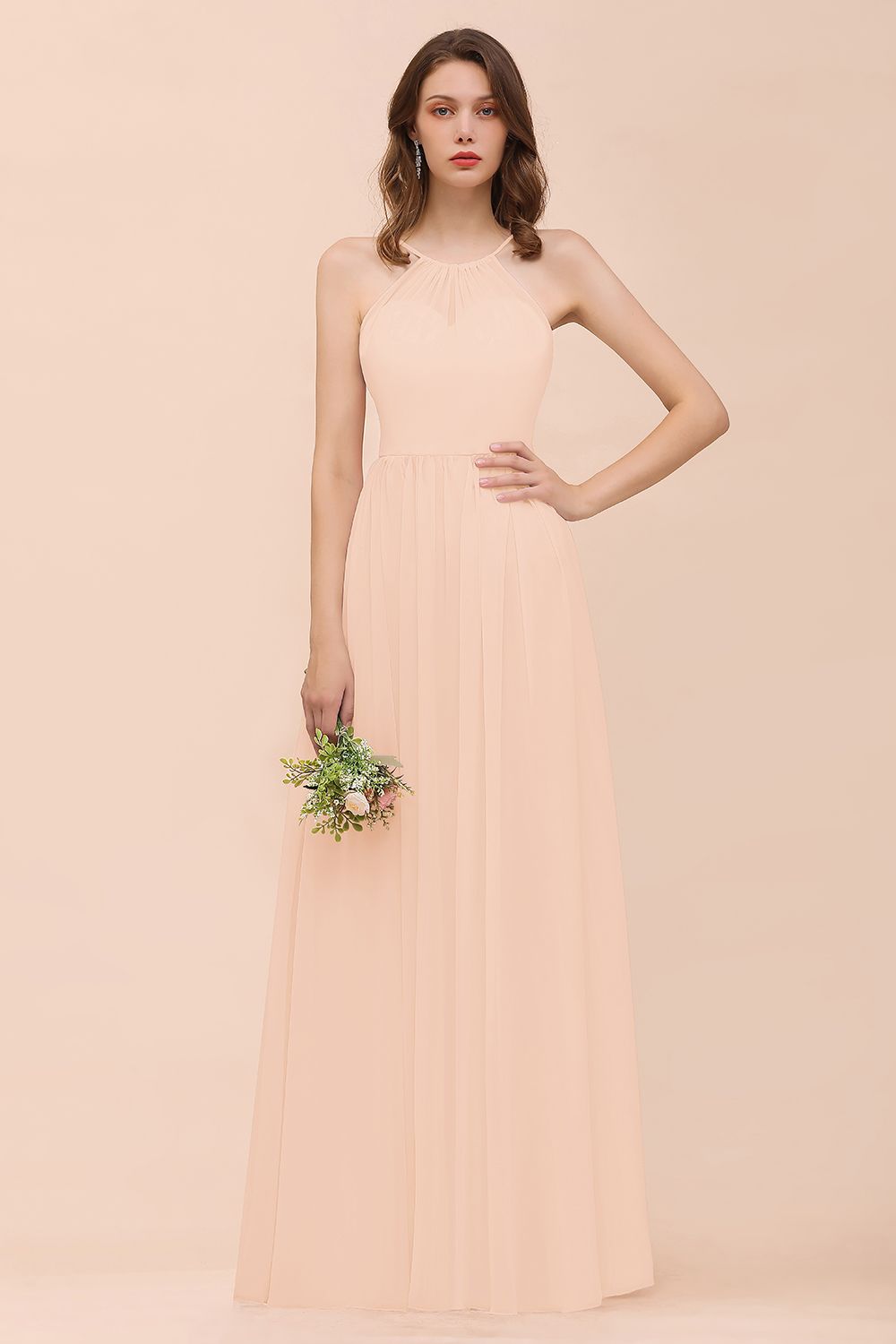 Gorgeous Chiffon Halter Ruffle Affordable Long Bridesmaid Dresses