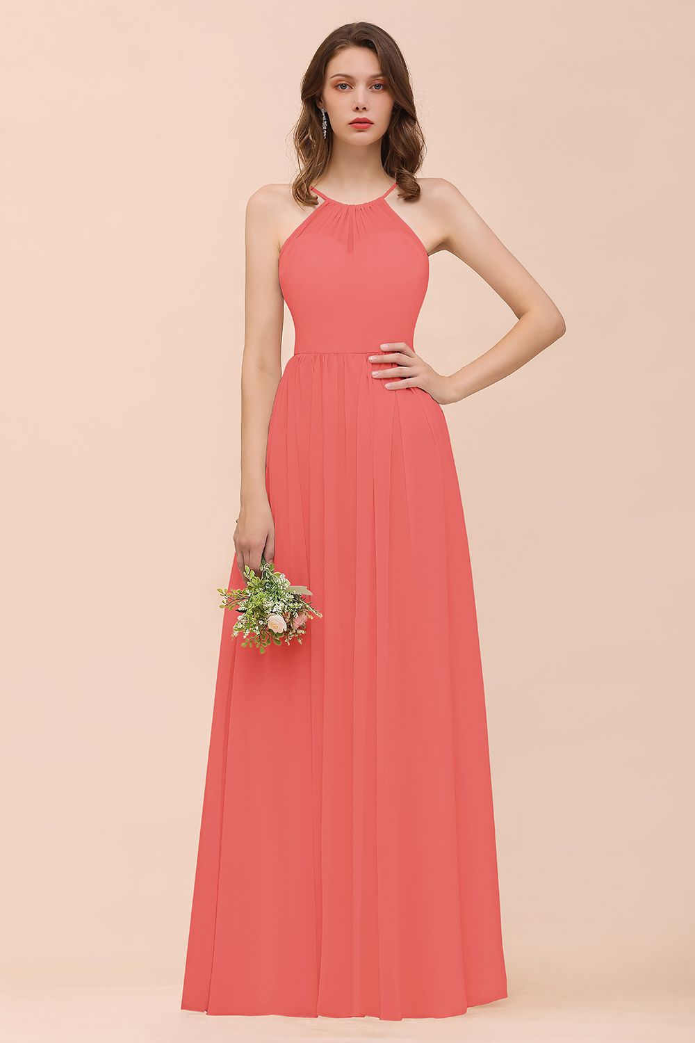 Gorgeous Chiffon Halter Ruffle Affordable Long Bridesmaid Dresses