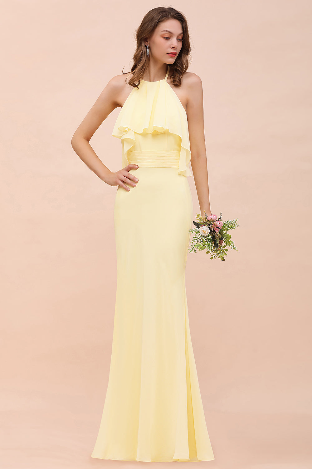 Gorgeous Daffodil Mermaid Halter Ruffle Bridesmaid Dresses