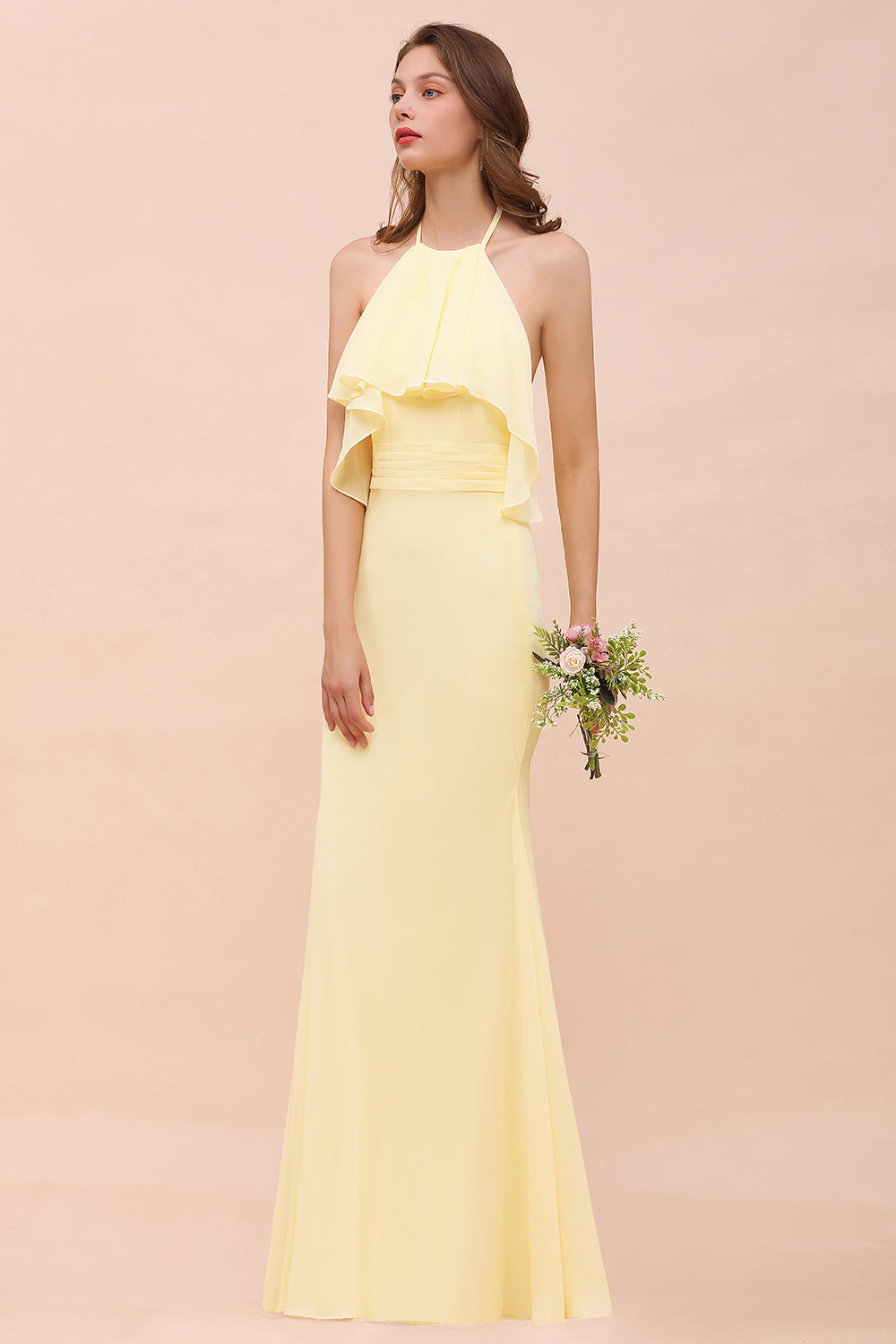 Gorgeous Daffodil Mermaid Halter Ruffle Bridesmaid Dresses