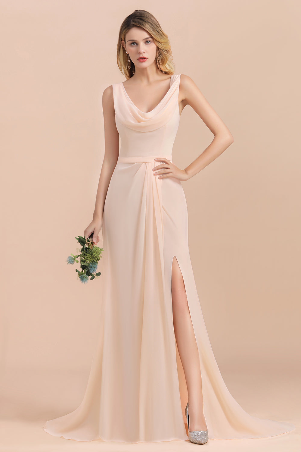 Gorgeous Drapped Neckline Ruffle Chiffon Bridesmaid dresses with Slit