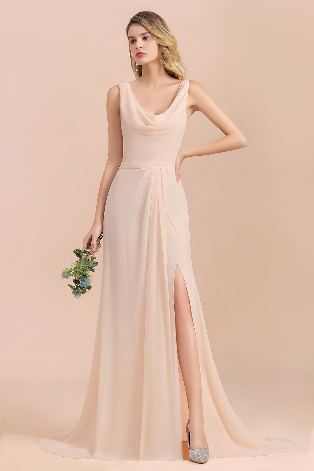 Gorgeous Drapped Neckline Ruffle Chiffon Bridesmaid dresses with Slit