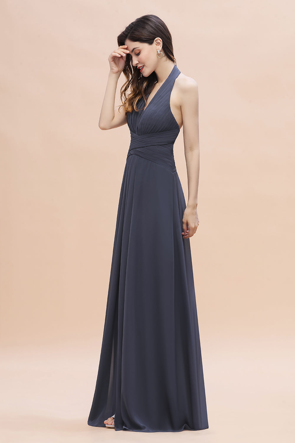 Gorgeous Halter Chiffon Ruffles Bridesmaid Dresses with Front Slit