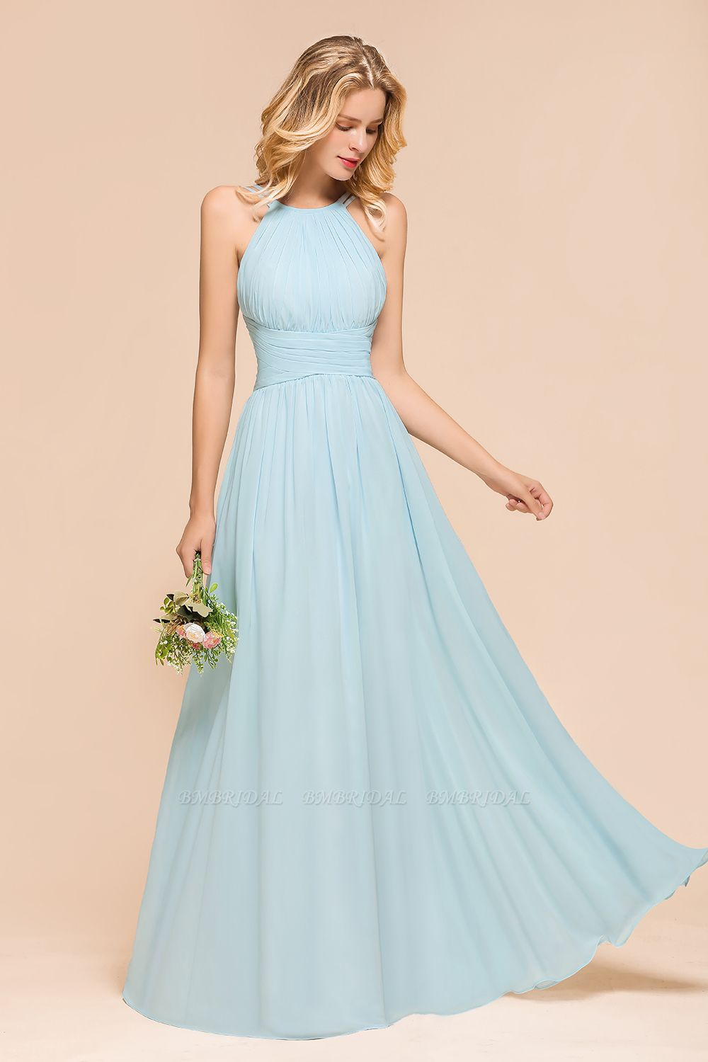 Gorgeous Halter Ruffle Sky Blue Affordable Bridesmaid Dresses