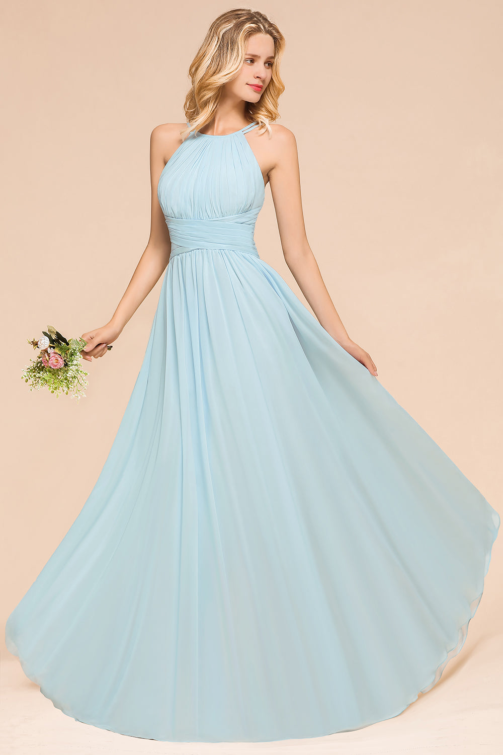 Gorgeous Halter Ruffle Sky Blue Affordable Bridesmaid Dresses