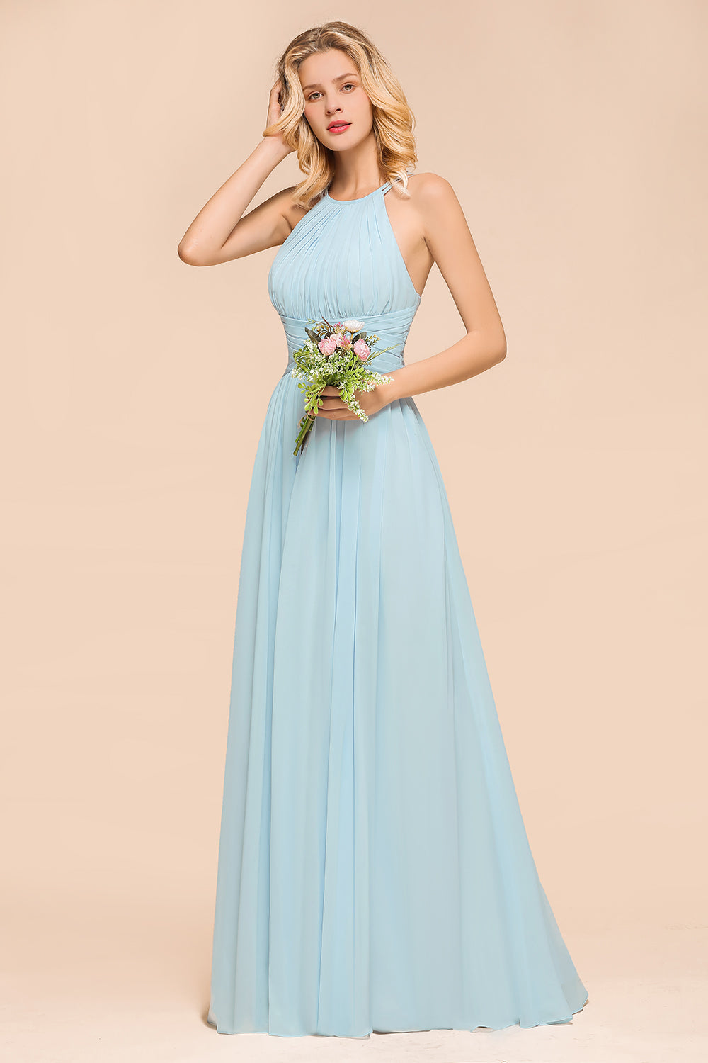 Gorgeous Halter Ruffle Sky Blue Affordable Bridesmaid Dresses