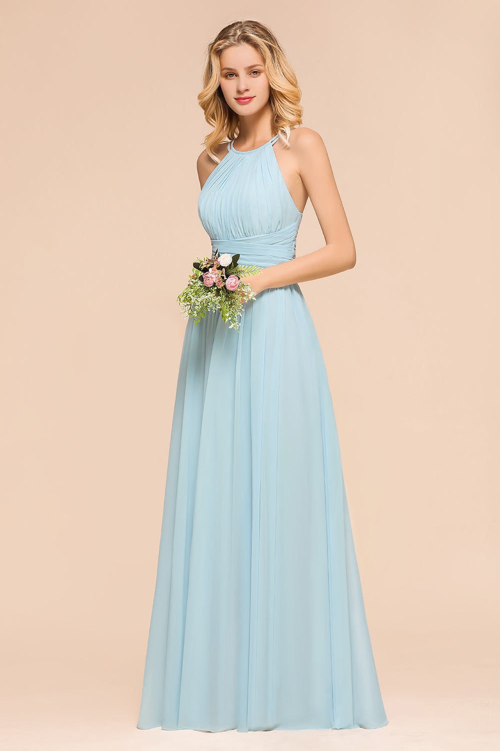 Gorgeous Halter Ruffle Sky Blue Affordable Bridesmaid Dresses