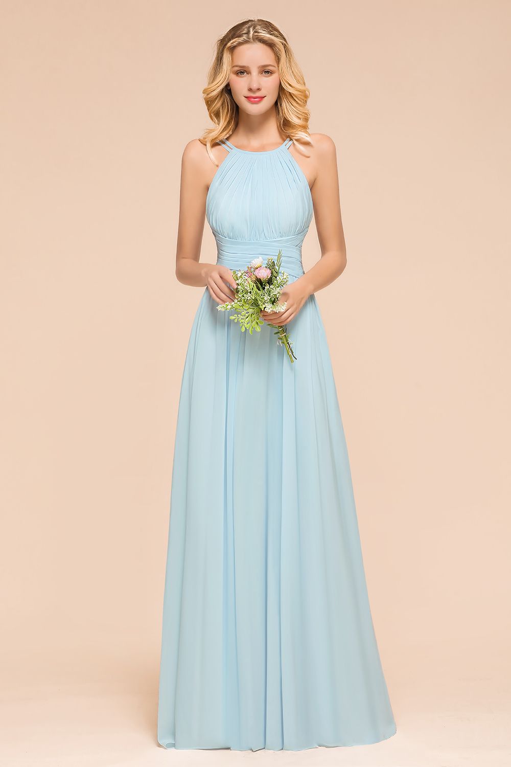 Gorgeous Halter Ruffle Sky Blue Affordable Bridesmaid Dresses