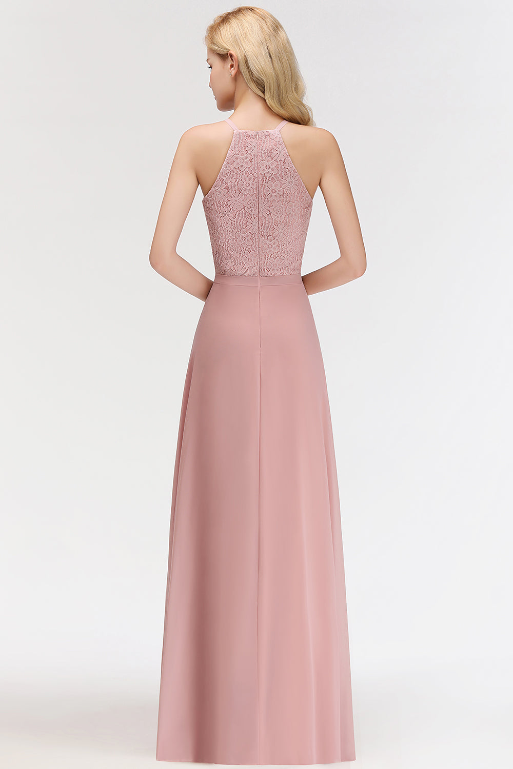 Gorgeous High-Neck Halter Lace Affordable Bridesmaid Dresses with Ruffle