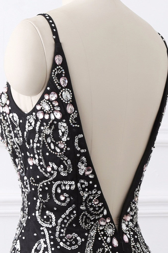 Gorgeous Spaghetti Straps Black Mermaid Prom Dresses with Rhinestones