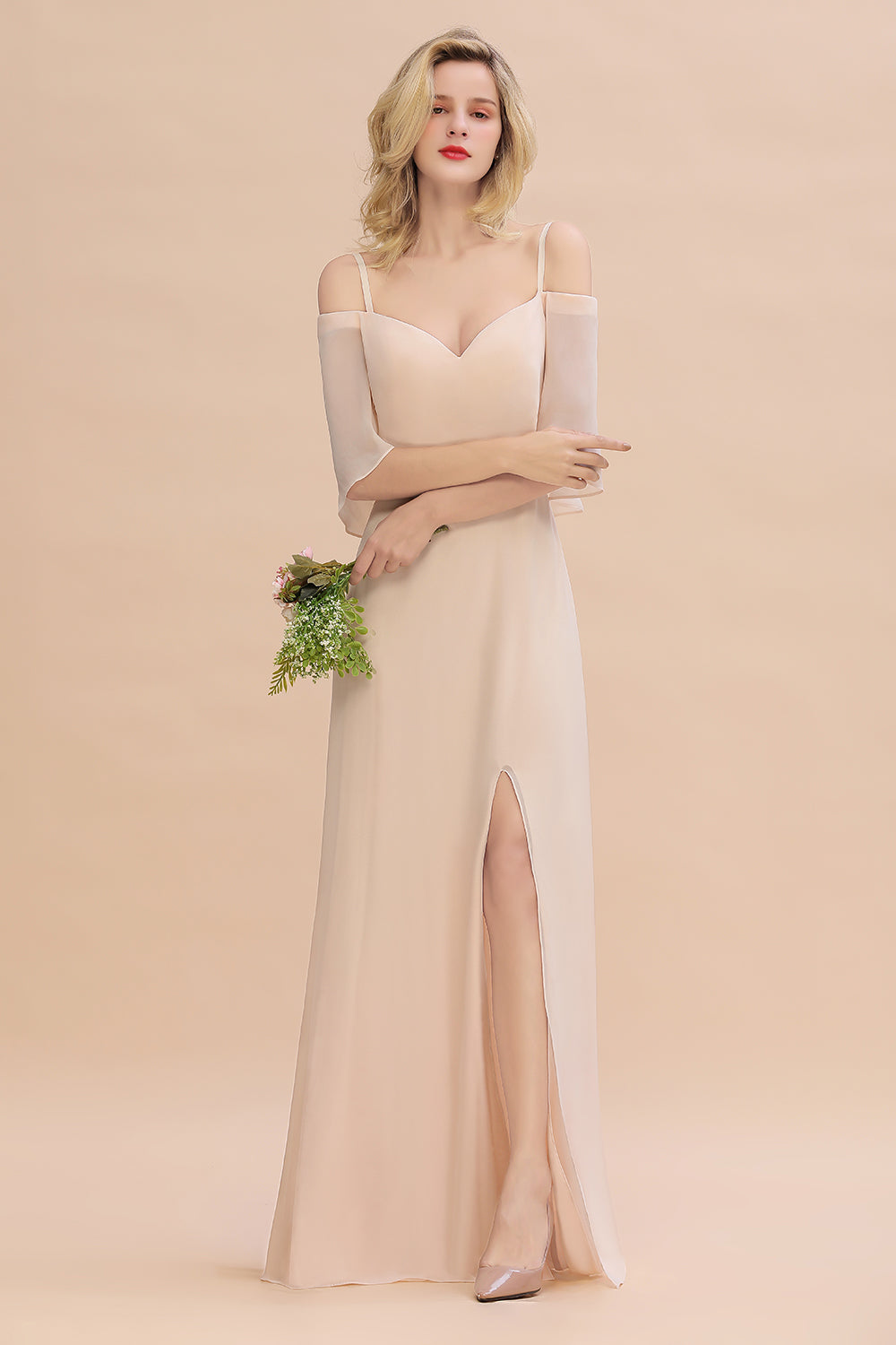 Gorgeous Spaghetti Straps Flounced Crinkle Affordable Bridesmaid dresses with Slit