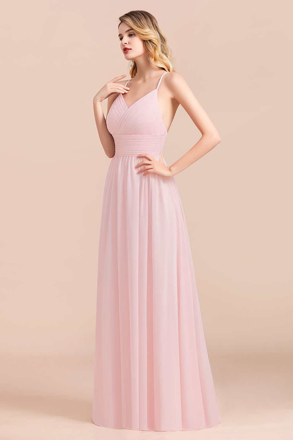 Gorgeous Spaghetti Straps Ruffle Pink Chiffon Bridesmaid Dresses Affordable