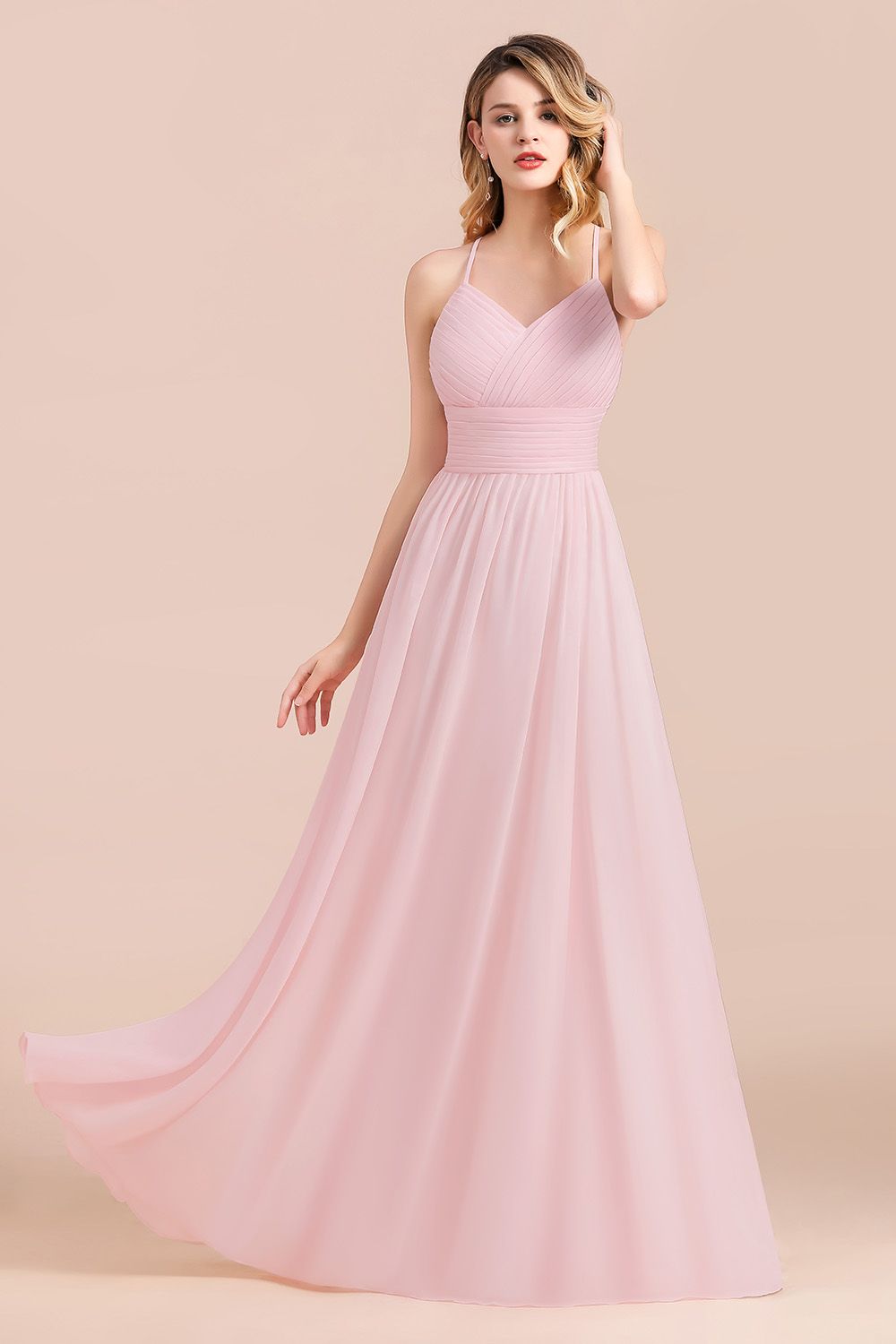 Gorgeous Spaghetti Straps Ruffle Pink Chiffon Bridesmaid Dresses Affordable