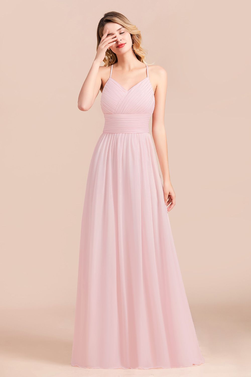 Gorgeous Spaghetti Straps Ruffle Pink Chiffon Bridesmaid Dresses Affordable