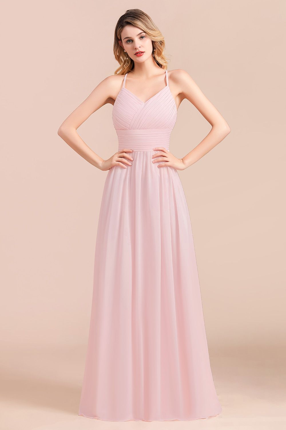 Gorgeous Spaghetti Straps Ruffle Pink Chiffon Bridesmaid Dresses Affordable