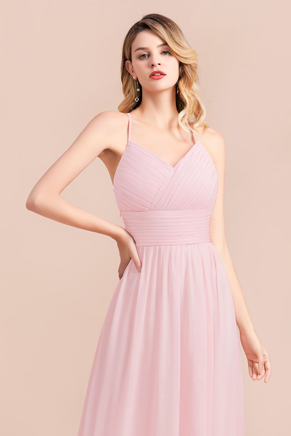 Gorgeous Spaghetti Straps Ruffle Pink Chiffon Bridesmaid Dresses Affordable