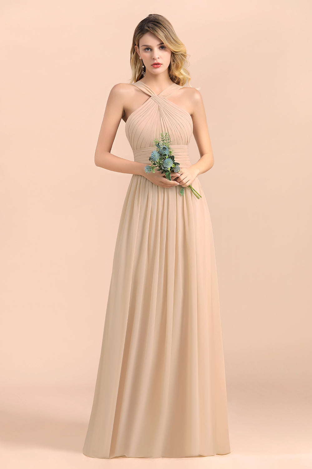 Gorgeous Straps Sleeveless Champagne Chiffon Affordable Bridesmaid dresses with Ruffle