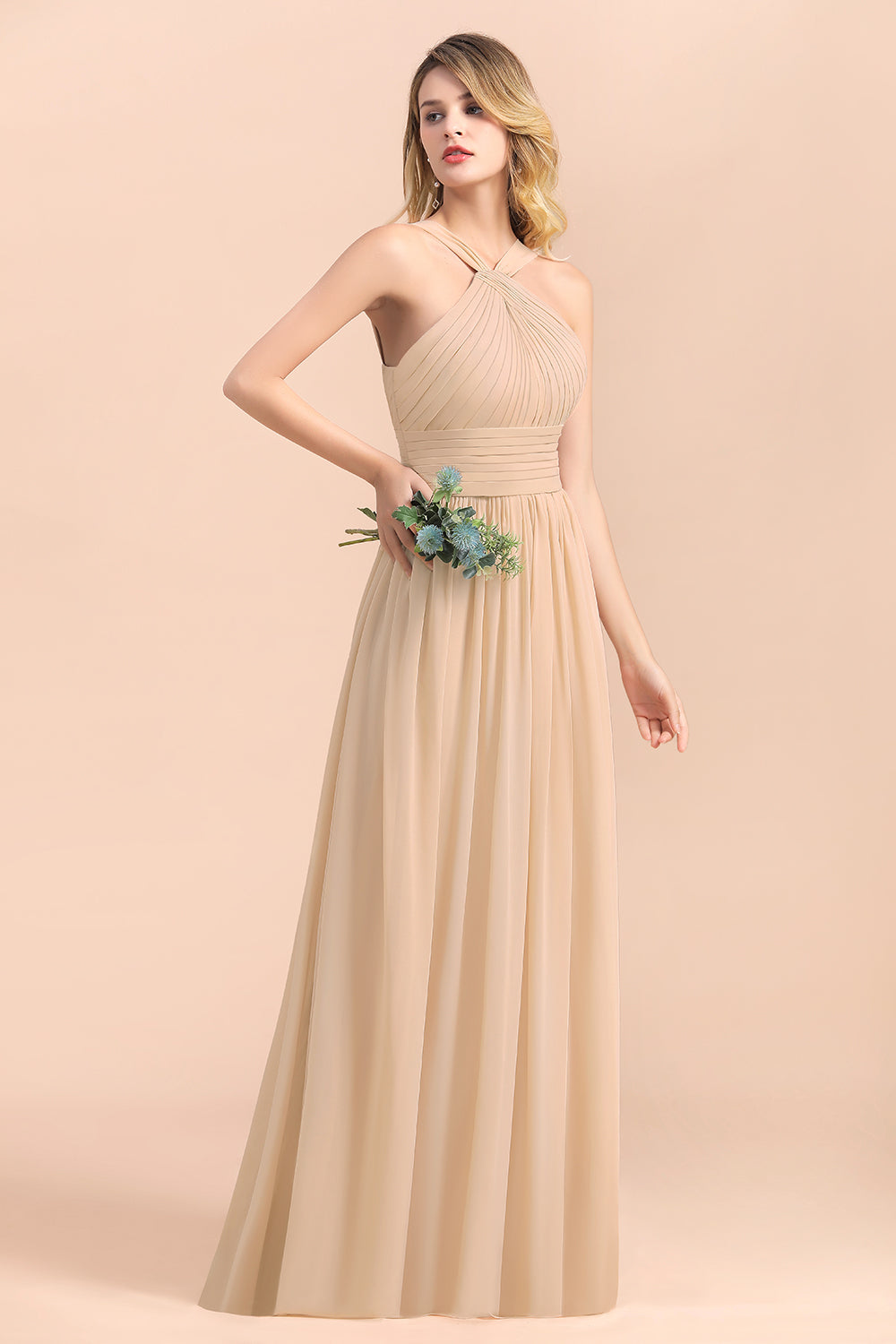 Gorgeous Straps Sleeveless Champagne Chiffon Affordable Bridesmaid dresses with Ruffle