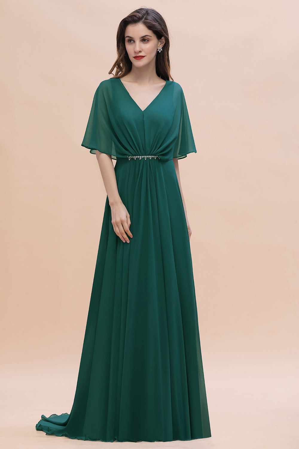 Gorgeous V-Neck Chiffon Ruffles Beading Bridesmaid Dresses with Half Sleeves