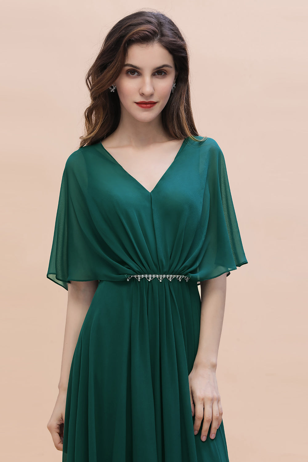 Gorgeous V-Neck Chiffon Ruffles Beading Bridesmaid Dresses with Half Sleeves