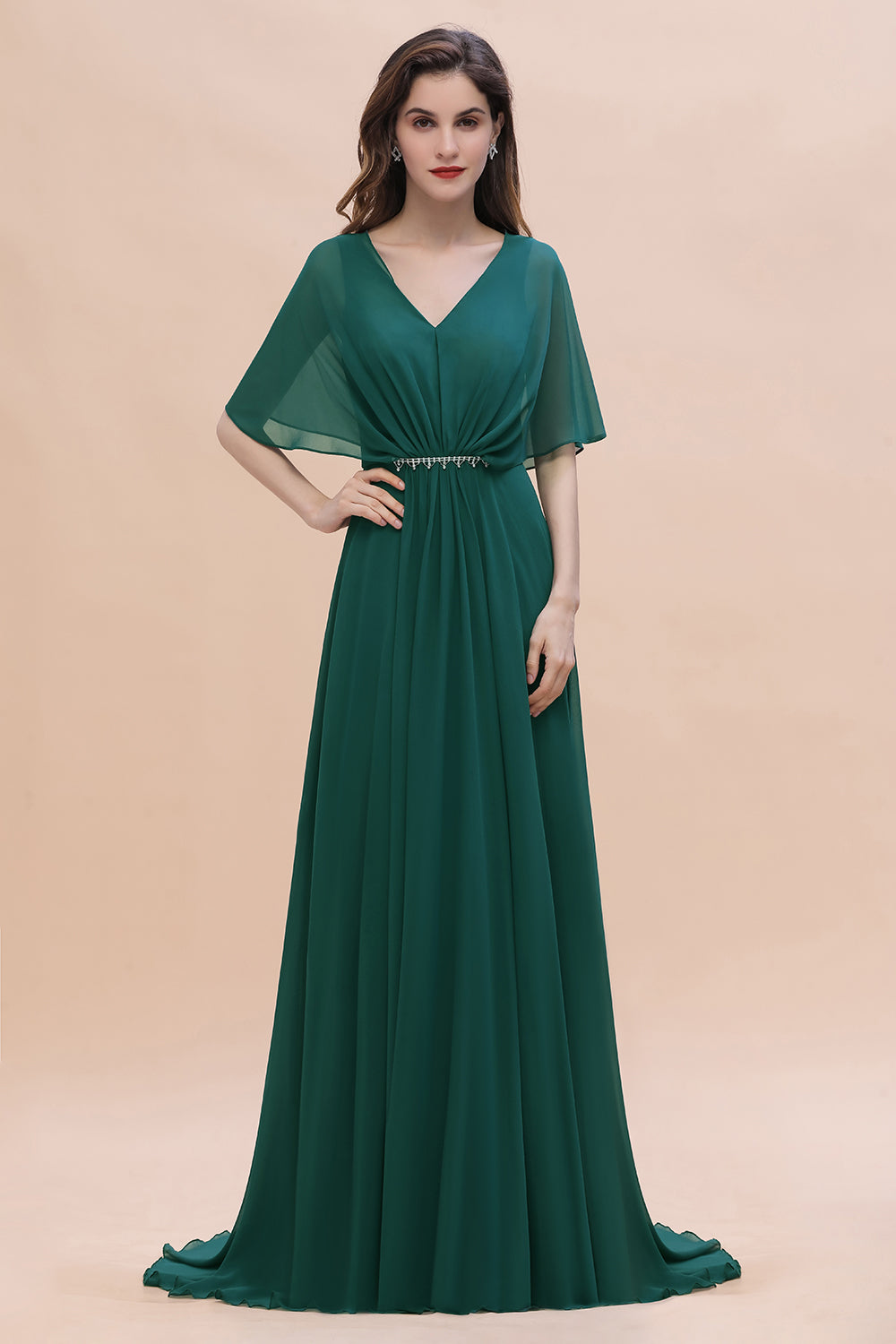 Gorgeous V-Neck Chiffon Ruffles Beading Bridesmaid Dresses with Half Sleeves