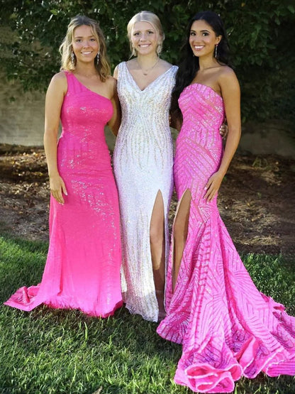 Mermaid Hot Pink Sequins Strapless Prom Dresses with Slit