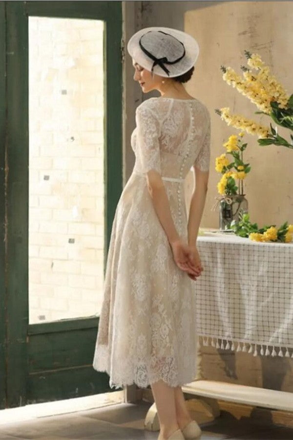 Half Sleeves Wedding Dress Tea-Length Lace Appliques