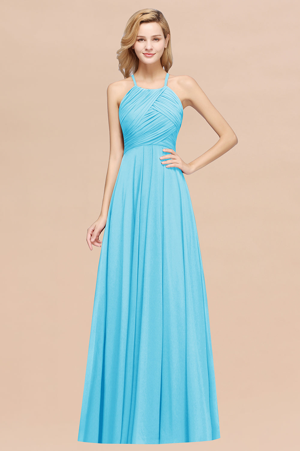 Halter Crisscross Pleated Bridesmaid Dresses Blue Chiffon Sleeveless Maid of Honor Dress