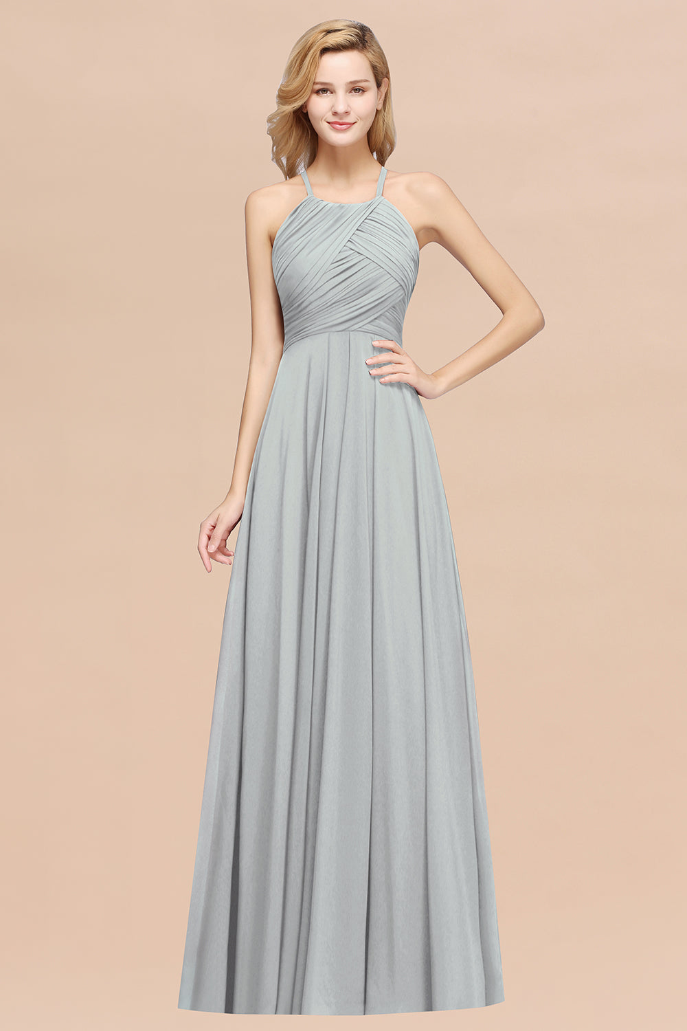 Halter Crisscross Pleated Bridesmaid Dresses Blue Chiffon Sleeveless Maid of Honor Dress