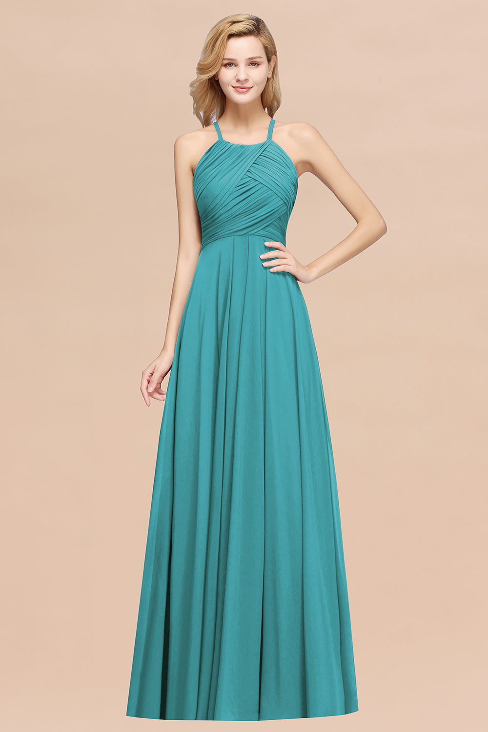 Halter Crisscross Pleated Bridesmaid Dresses Blue Chiffon Sleeveless Maid of Honor Dress